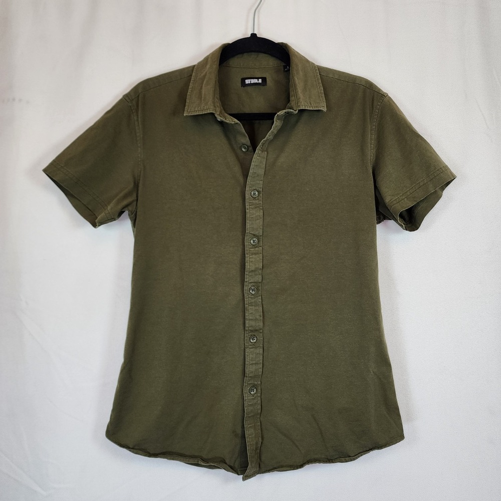 Steele Stretch Short Sleeve Button Up Slim Fit Shirt Green Cotton Mens S